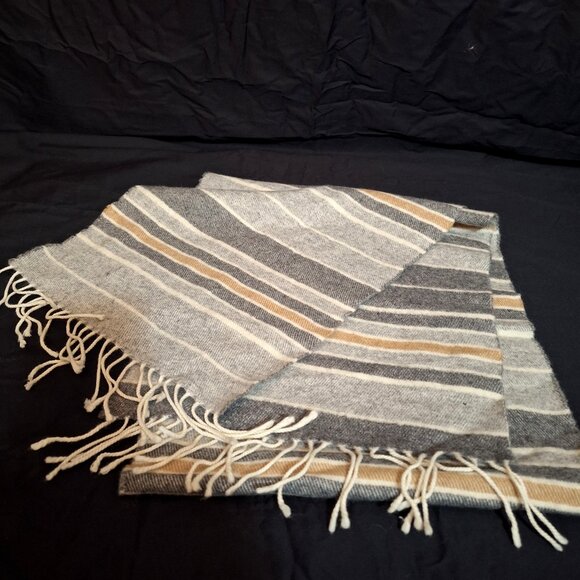 BARBAROSSA Italy Gray Tan Wool Blend Blanket Stripe 62” Fringe Scarf Muffler - Picture 2 of 5